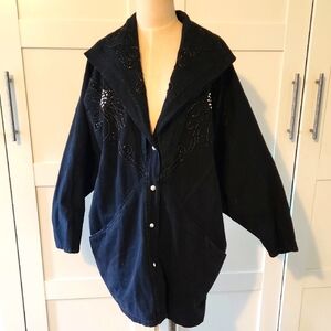 Pado 80's Vintage Embroidered Drop Shoulder Black Denim Women's Jacket Sz Large
